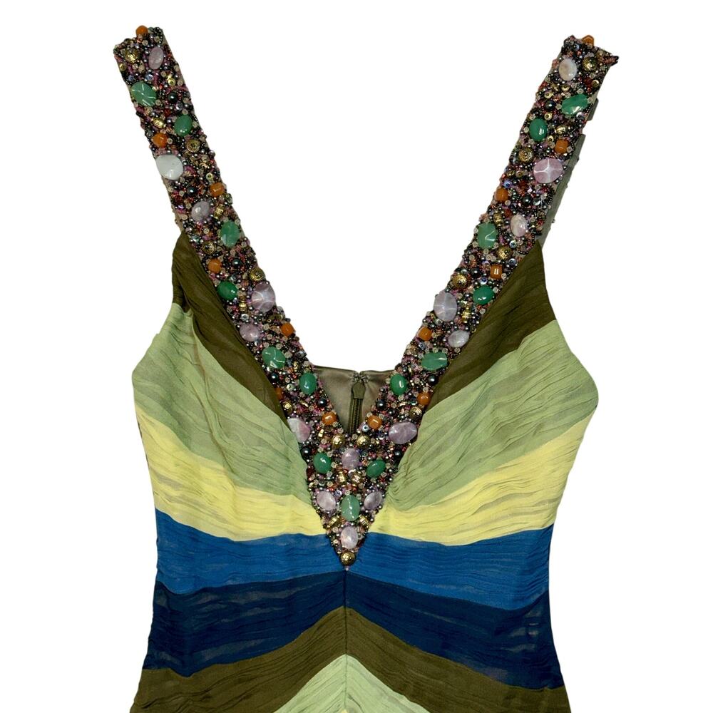 NWT Mandalay Quartz Green Blue Silk Beaded Sequin Midi Evening Gown Dress Size 6 - Picture 2 of 16
